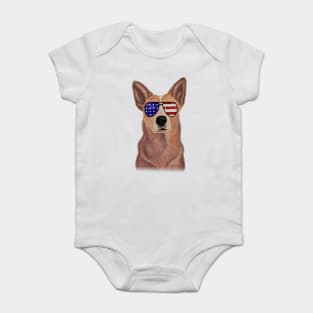 Funny Shepered Dog waring Shades USA Flag Baby Bodysuit